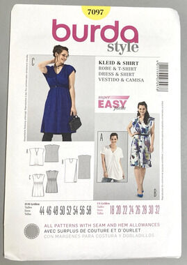 Burda Style 7097 Womens 3 Summer Outfits Dress &Shirt with V-Neck Sz 18-32 UNCUT